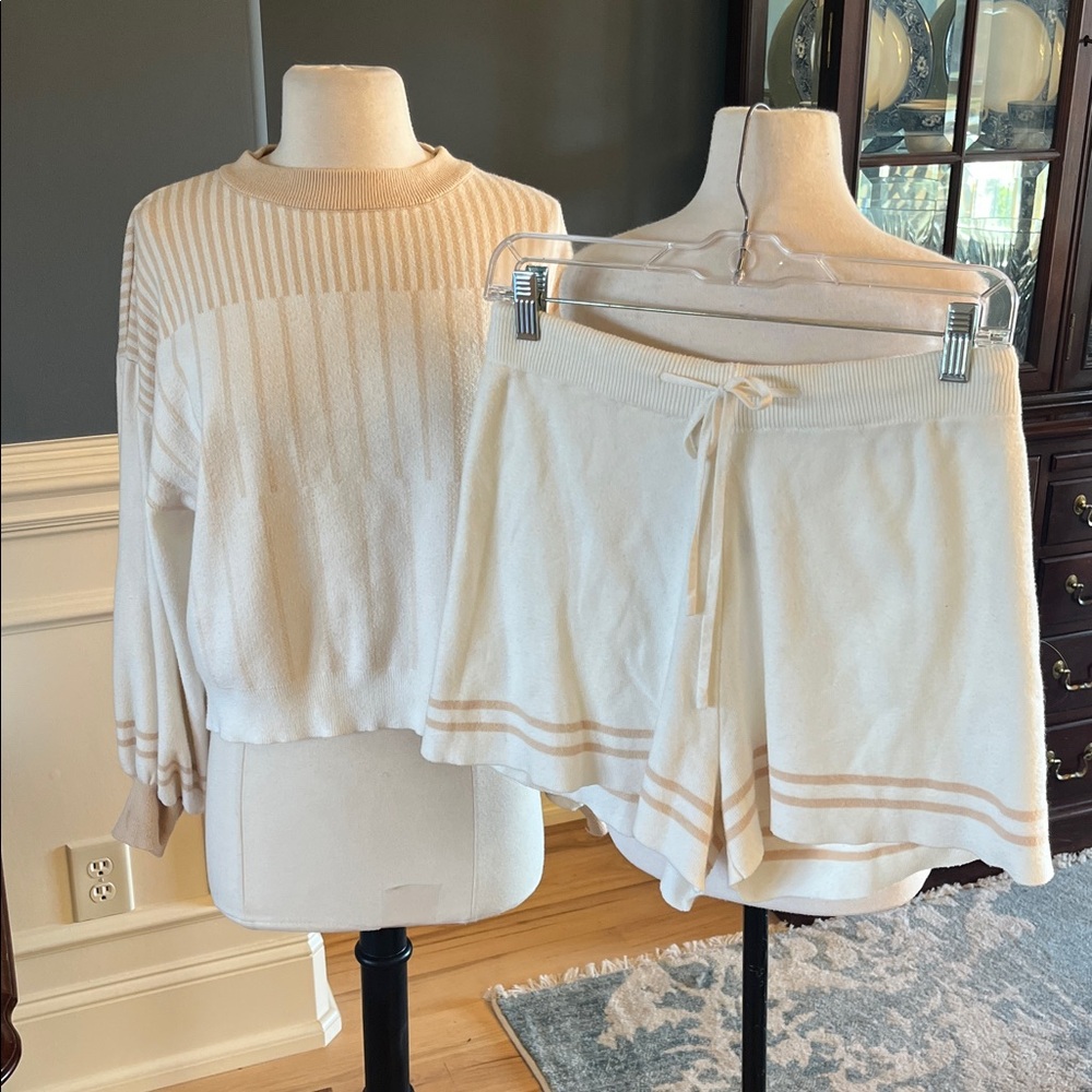Cream and Tan Striped Sweater and Shorts Set